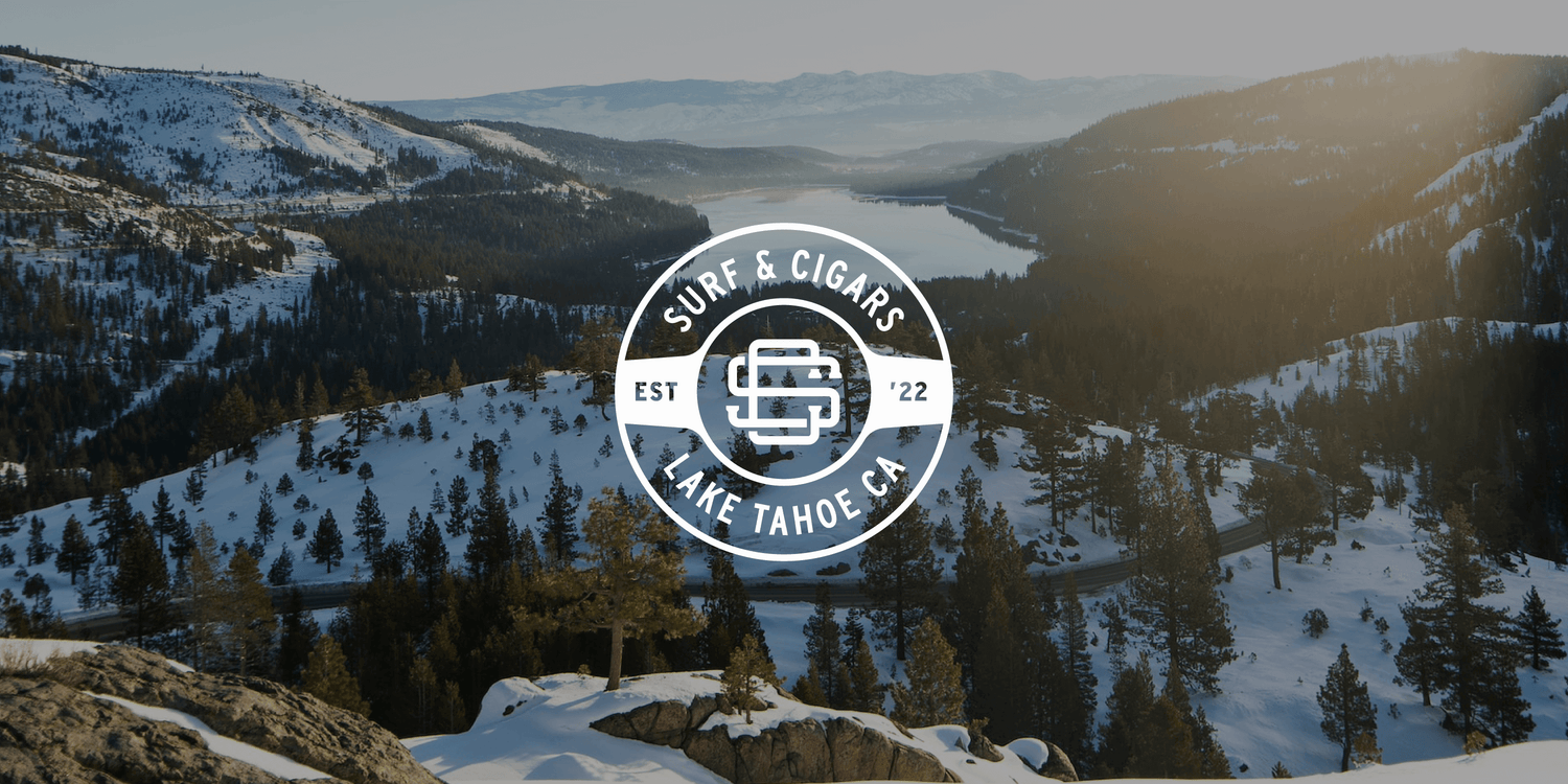 Surf & Cigars, Lake Tahoe, California badge design.